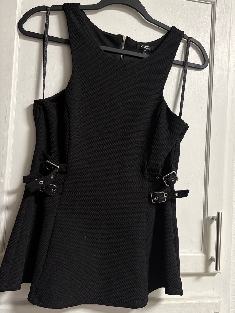XOXO Black Textured Peplum Tank with Side Buckle Details